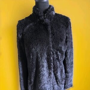 Kenneth Cole Soft Faux Fur Shaggy Teddy Coat Jacket Women Sz XS Mid Length Black